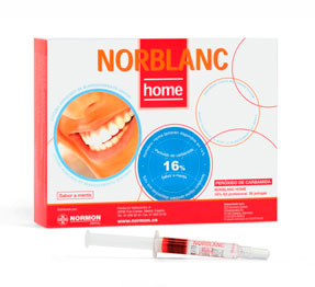 Norblanc Home 16% (001830) Peróxido carbamida al 16% Laboratorios Normon - KIT 4 jeringas de 3 grs. + cánulas aplicadoras + Planchas de acetato + Porta férulaspacientes - 3 jeringas x 2,8 ml + 3 jeringas de barrera gingival x 1 g + Accesorios