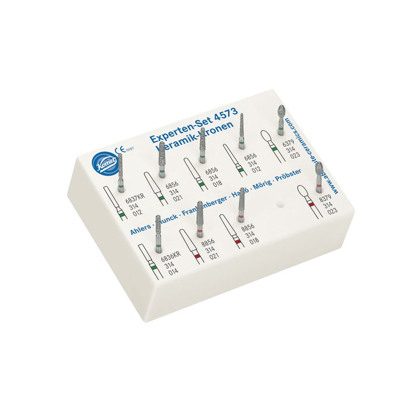 Fresero Set Expertos para coronas de cerámica 4573 Komet - Fresero de plástico con 9 fresas para tolas las preparaciones de coronas en cerámica