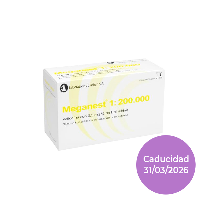 MEGANEST 1:200.000 0,5 amarilla. Articaína+epinefrina. caducidad 31/03/2026 Laboratorios Clarben - 