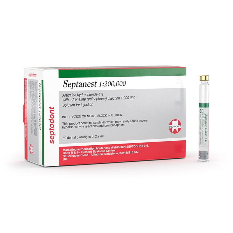 Septanest 1:200.000 verde. Articaína+epinefrina. Laboratorios Septodont - Caja de 50 unidades.