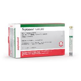 Septanest 1:200.000 verde. Articaína+epinefrina. Laboratorios Septodont - Caja de 50 unidades.