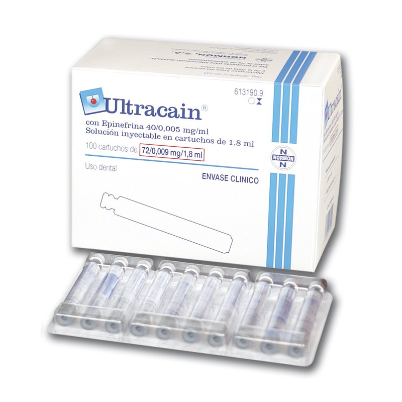 Ultracain 0,5mg - azul. Articaína+epinefrina Laboratorios Normon - Caja de 100 unidades.