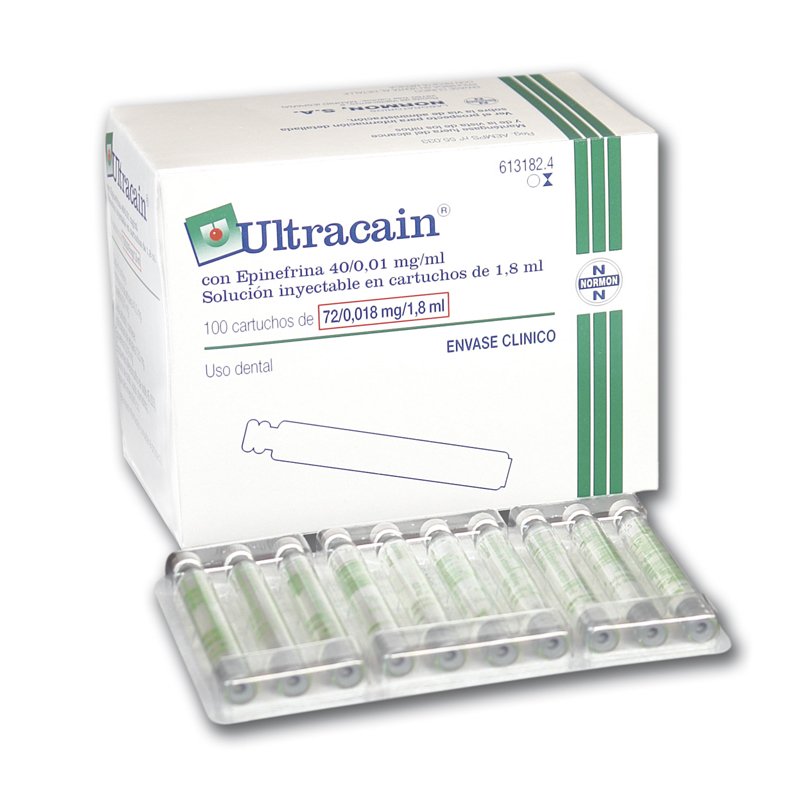 Ultracain 1mg - verde. Articaína+epinefrina Laboratorios Normon - Caja de 100 unidades.
