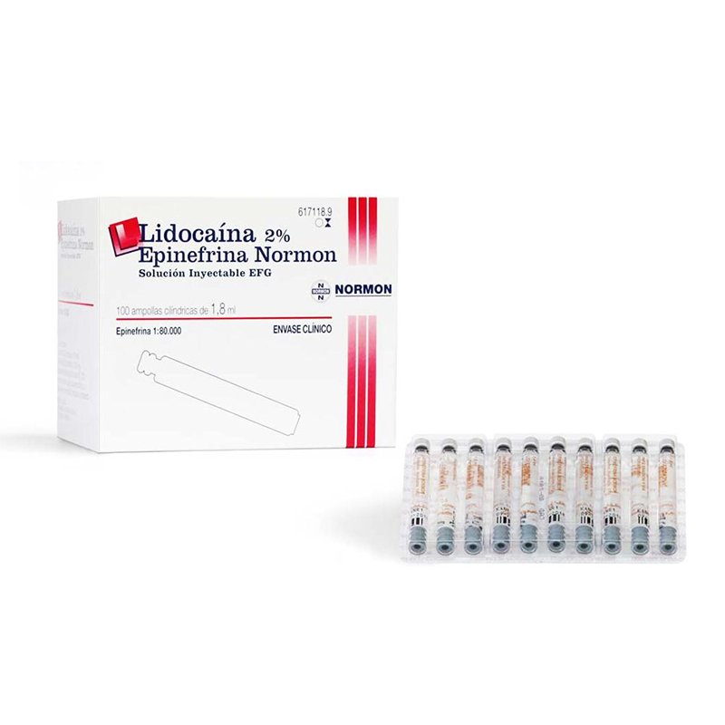 Lidocaína 2% Epinefrina 1:80.000 Laboratorios Normon - Caja de 100 unidades.