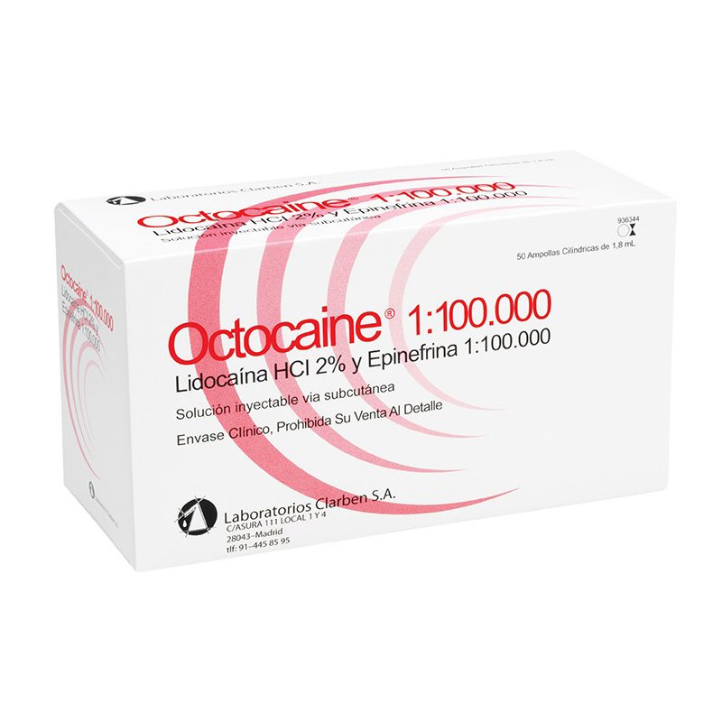 Octocaine roja 1:100.000 Epinefrina. Lidocaína Laboratorios Clarben - Caja de 50 unidades.
