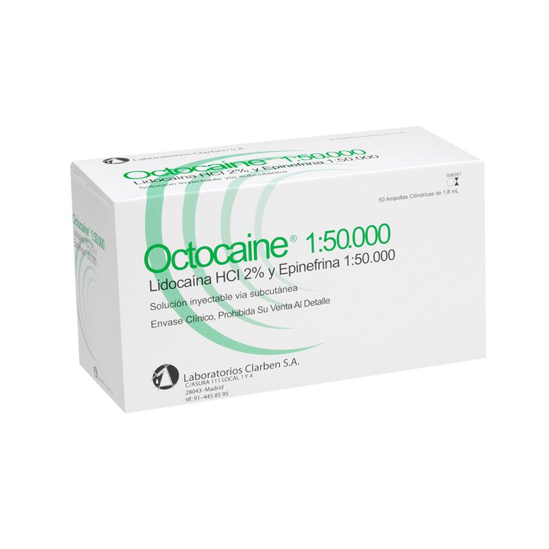 Octocaine verde 1:50.000 Epinefrina. Lidocaína Laboratorios Clarben - Caja de 50 unidades.
