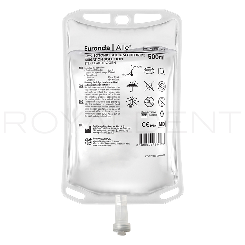 Suero cloruro de sodio 0.9% Fisiológico 1/2 Litro Alle Euronda - 1 caja de 15 Bolsas 1/2 litro