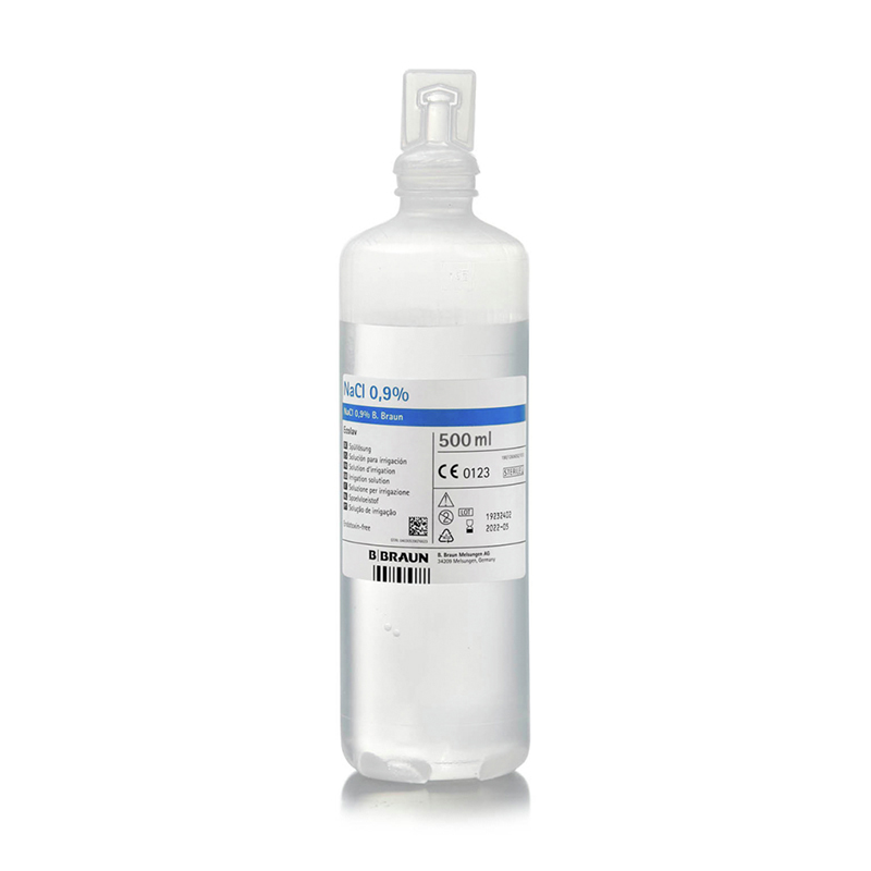 Suero fisiológico NaCl 0,9 % para irrigación de 500 ml para colgar con gancho 348986 BBraun - Caja de 10 botellas de 500 ml.