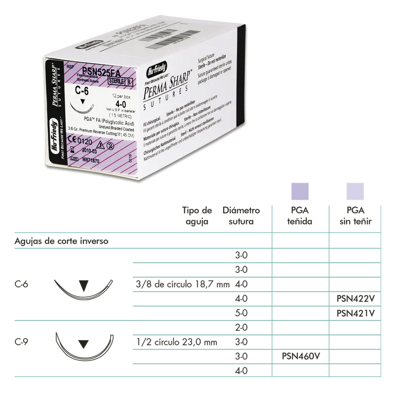 Sutura Poliglicólico PGA incolora-PSN421V-PSN422V-PSN460V Hu-Friedy - Caja de 12 unidadades de 45 cm.