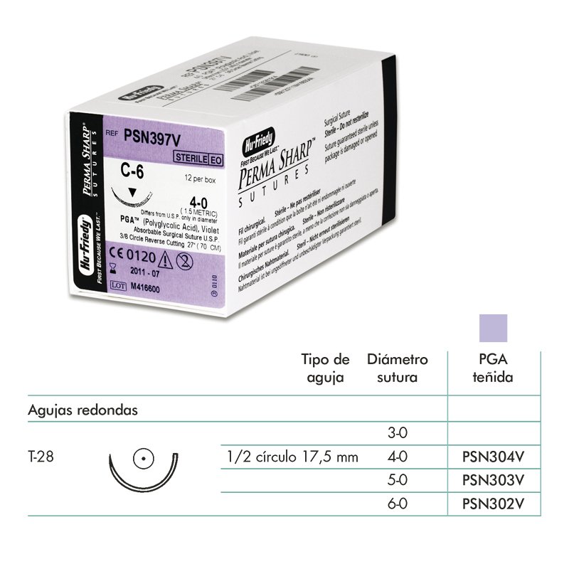 Sutura Poliglicólico PGA violeta-PSN302V-PSN4303V-PSN304V Hu-Friedy - Caja de 12 unidadades de 45 cm. Aguja redonda