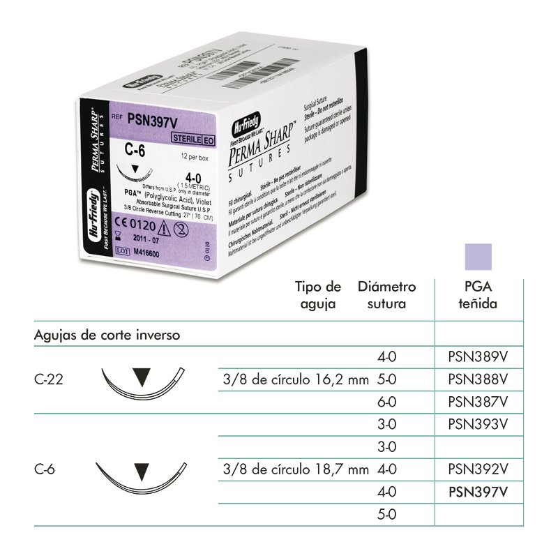 Sutura Poliglicólico PGA violeta-PSN389V-PSN387V-PSN388V-PSN392V-PSN393V-PSN397V Hu-Friedy - Caja de 12 unidadades de 45 cm. Aguja de corte inverso.