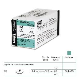 Sutura Polyester verde aguja corte inverso Premium PSNR698L Hu-Friedy - Caja de 12 unidadades de 45 cm.