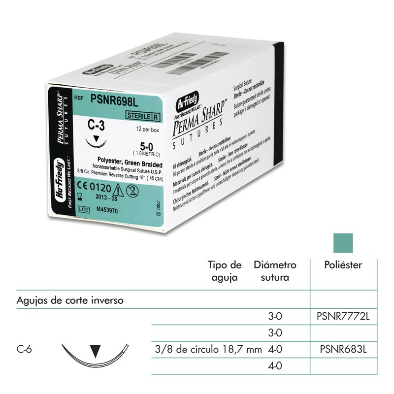  Sutura Polyester verde PSNR683L-PSNR7772L Hu-Friedy - Caja de 12 unidades de 45 cm, aguja de corte inverso.