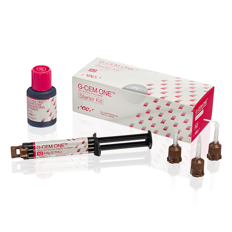 G-CEM ONE System Kit  GC - Contiene: 2 jeringas x 4,6 gr G-CEM One (colores: A2 y TR) + 1 bote x 4 ml AEP (Adhesive Enhancing Primer ) + 15 x puntas automix + 5 puntas endo