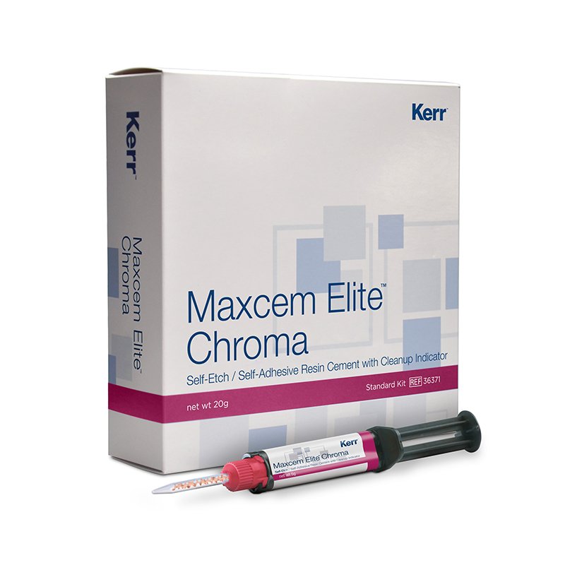 Maxcem Elite Crhoma kit 36371 KerrHawe - 4 jeringas dual de 5 g (2 transparentes, 1 blanco, 1 amarillo); 16 puntas automix (normales), 8 punt