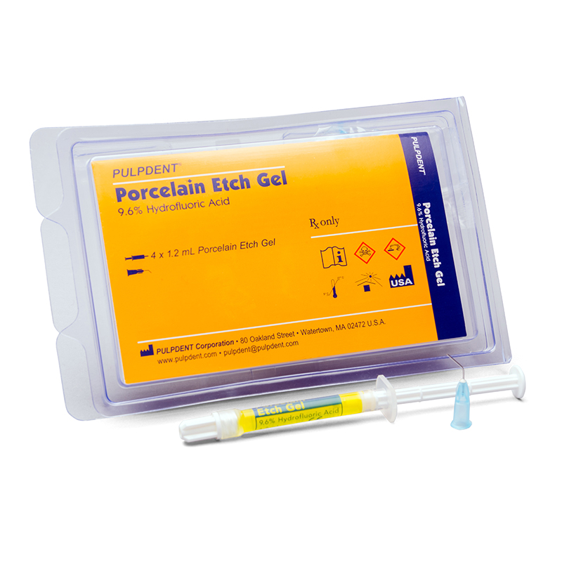 Porcelain Etch Gel ácido Fluorhídrico al 9,6 kit introducción Pulpdent - 4 jeringas de gel 1,4 gr + 8 puntas