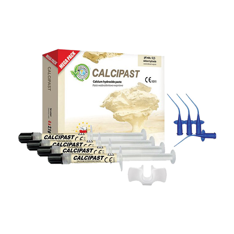 Calcipast Mega Pack hidróxido de calcio 16% con sulfato de bario Cerkamed - 4 jeringas de 2,1 grs. + juego de aplicadores