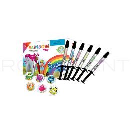 Kit Composite Fluído Rainbow Flow 6 jeringas Cerkamed - Contenido: 6 jeringas de 1g (colores naranja, azul, rosa, amarillo, verde y lila) + 6 aplicadores + regalos. 