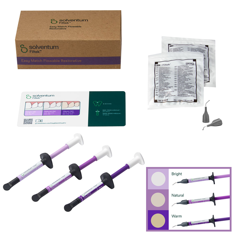 Filtek Easy Match Fluido Kit intro 6225K Solventum - Contiene: 3 jeringas de 2 grs.em colores Brigt , Natural y Warn.
