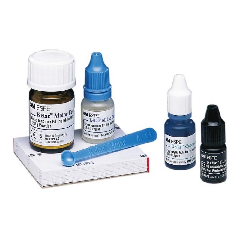 Ketac Molar Polvo+líquido 56632 estuche de prueba Solventum - 1polvo de 12,5g A3,1 líquido de 8,5ml,1K.Conditioner,1 K.Glaze