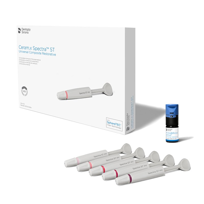 Ceram.x Spectra ST-HV kit intro jeringas 60701550 Dentsply Sirona - 5 jeringas de 3 g, puntas aplicadoras, instrucciones de uso y cupon para guia de color. 