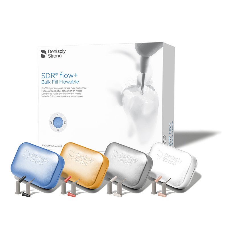 SDR flow+ Edición especial - 60603034 Dentsply Sirona - Contiene 110 compulas de 0,25 grs. - 70 universal, 10 A1, 15 A2 y 15 A3 en 4 cajas de colores.