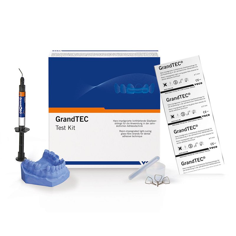 GrandTEC Test Kit Voco -  5 tiras de fibra de vidrio de 5,5 cm. + 2 jeringas x 2 grs. Grandio®SO Heavy Flow A3 + accesorios