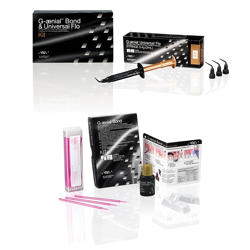 G-aenial Universal Flo Kit especial GC - 3 jeringas de 1,8 grs. + G-Premio Bond 5 ml. + Etching Gel + accesorios + maletin.