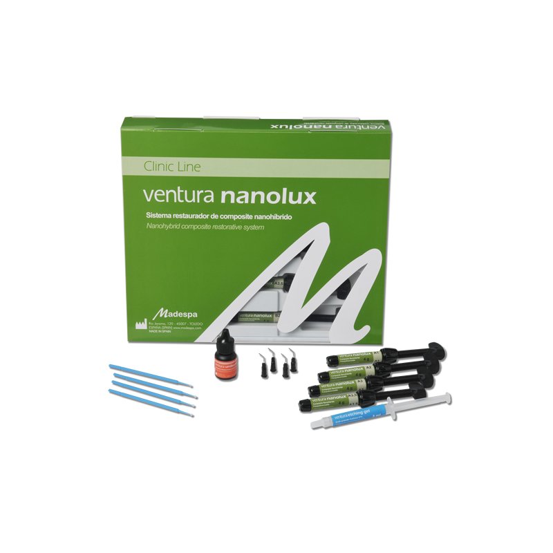 Ventura Nanolux Intro Kit Madespa - 4 x 4 grs: A2, A3, A3,5 y B2 + Ventura Unibond 2 5 ml. + 50 aplicadores + 1 jeringa ácido 3 ml.     