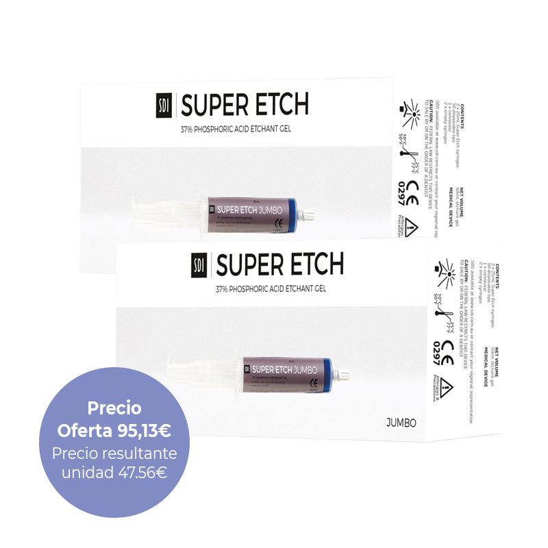 Oferta especial: 2 Ácido super etch jumbo SDI - 8100059 SDI - Contiene: 2 x (Envase 2x25ml, 2 x jeringas 3ml vacías, 1 adaptador, 50 aplicadores