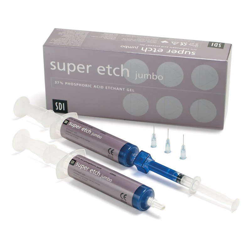 Ácido super etch jumbo SDI - 8100059 SDI - Envase 2x25ml, 2 x jeringas 3ml vacías, 1 adaptador, 50 aplicadores