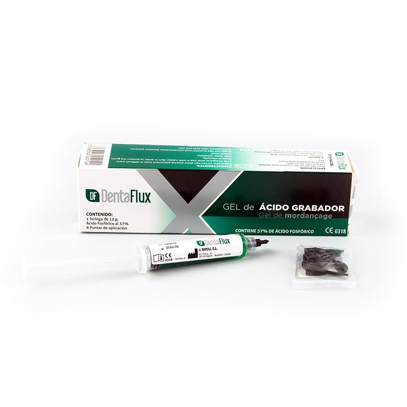 Gel de ácido grabador verde Dentaflux - Jeringas de 12 ml. + 12 puntas. 37% color verde.