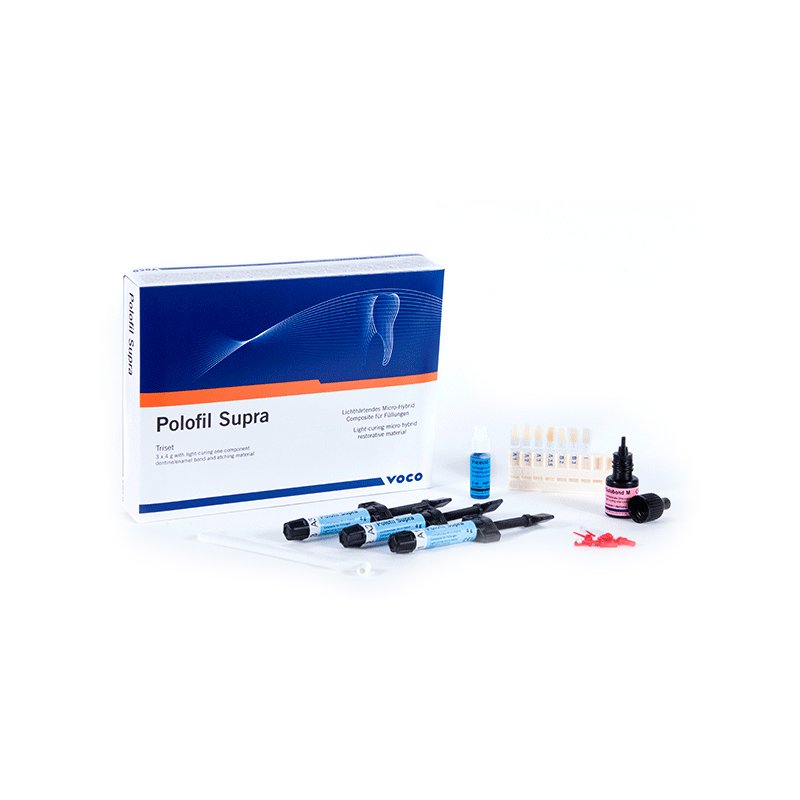 Polofil Supra triset Voco - 3 jeringas de 4 grs. + adhesivo y accesorios.