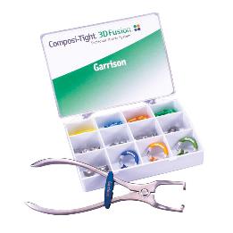 Kit Intro Composi-Tight 3D Fusion Firm Matrix Bands FX-HHF-00 Garrison - Contiene: 3 anillos, fórceps para los anillos, 80 cuñas, 70 matrices surtidas. 