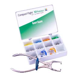 Mini KIt Composi-Tight 3D Fusion FX-HHF-00VM Garrison - KIT 1u. x anillo azul + 1u. x anillo naranja + 40u. x matrices 3D Fusion Firm (10u. x 4,3mm + 10u. x 5,3mm + 10u. x 6,1mm + 5u. x 5,9mm + 5u. 7,7mm) + 40 cuñas en 4 tamaños diferentes (10 de cada tama
