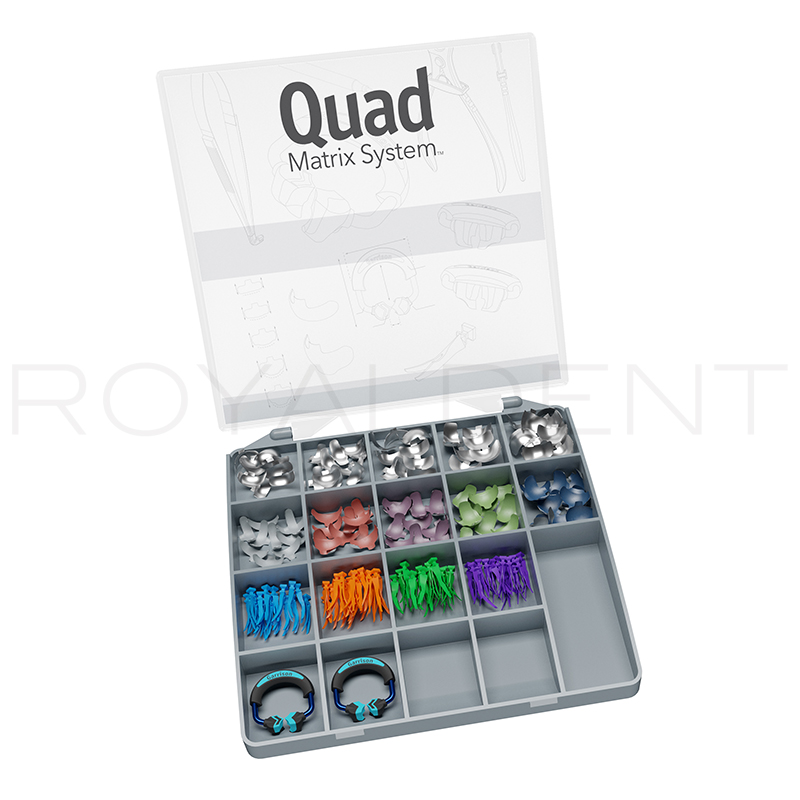 Quad Sectional Matrix System refill kit Q-KHF-00-R  no está incluido el forceps Garrison - 2 anillos Quad azules (1 derecho, 1 izquierdo), 50 bandas firm (10u de cada tamaño), 50 bandas fusión (10u de cada tamaño), 80 cuñas Quad (20u de cada tamaño). 