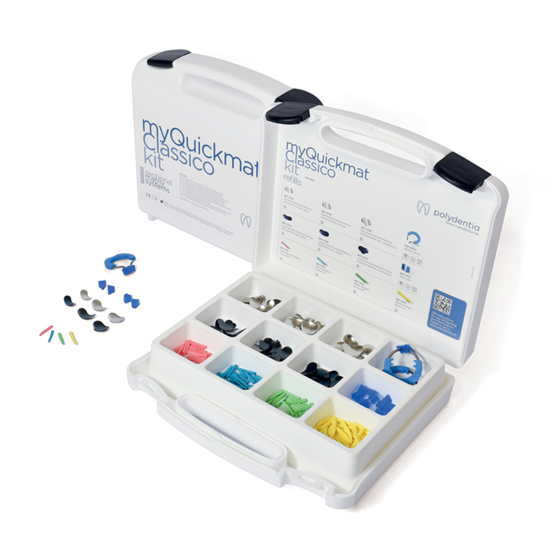 Kit Clasico myQuickmat  Polydentia - 50 uds. matrices seccionales Quickmat, Premolar 0,04 mm / 5 mm     50 uds. matrices seccionales Quickmat, Molar 0,04 mm / 6,4 mm     20 uds. matrices seccionales Quickmat, con extension 0,04 mm / 