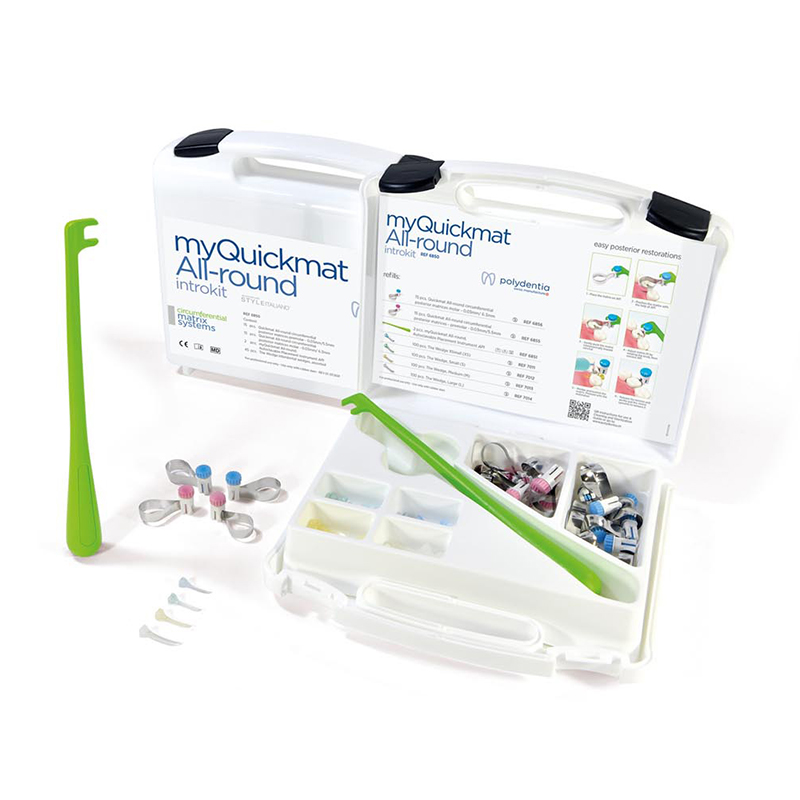 Kit matrices MyQuickmat All-Round Polydentia - 2 instrumentos 5 uds. Matrices circunferenciales posteriores Quickmat All-round, premolares 0,03 mm / 5,5 mm, 15 uds. Matrices circunferenciales posteriores Quickmat All round, molares 0,03 mm / 6,3 m