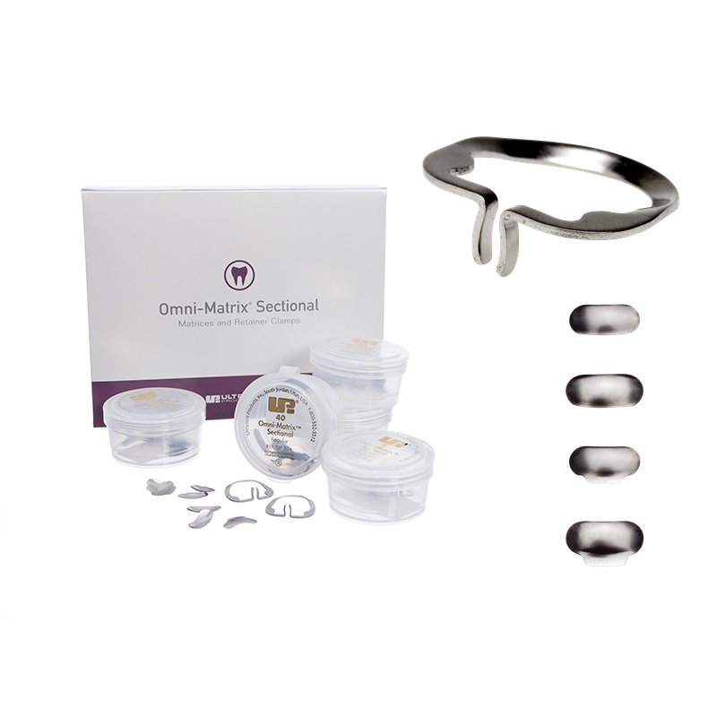 Omni-Matrix Sectional Kit UP318 Ultradent - 4 clamps + 40 matrices: 10 x (normales, normales extendidas, grandes y grandes extendidas)