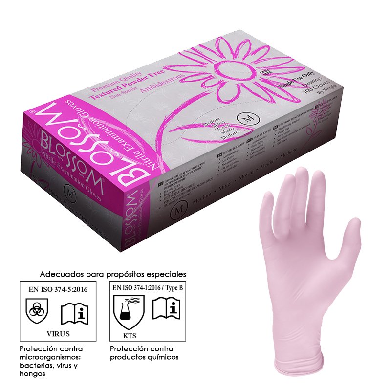 Guantes de Nitrilo sin polvo color Rosa Blossom - Caja de 100 unidades.