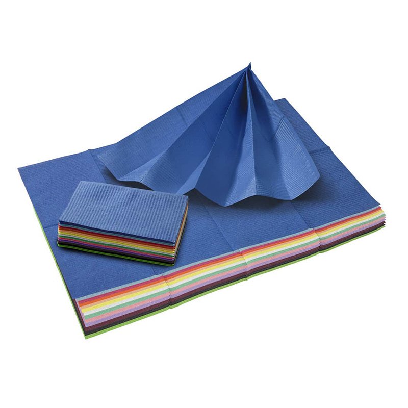 Baberos Servilletas colores: amrillas,azul capri, naranja y rosa. Royal Dent - 3 capas ( 2 papel + 1 plástico ). 48 x 33 cm. 500 unidades