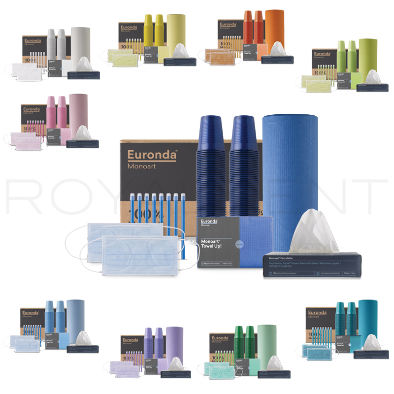 KIT 100% 6 Productos Monoart Euronda Euronda - 100 Monoart Towel Up! + 100 pañuelos desechables + 100 Monoart Eyectores de saliva EM15 + 100 Monoart Vasos de plástico + 100 Monoart Mascarillas PTC3 + 80 Monoart Babero PG30