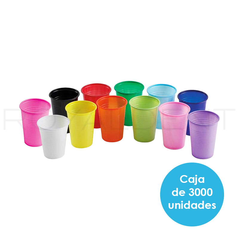 Vasos colores mágicos de plástico caja entera Royal Dent - 3.000 unidades. Diámetro 7 cm.