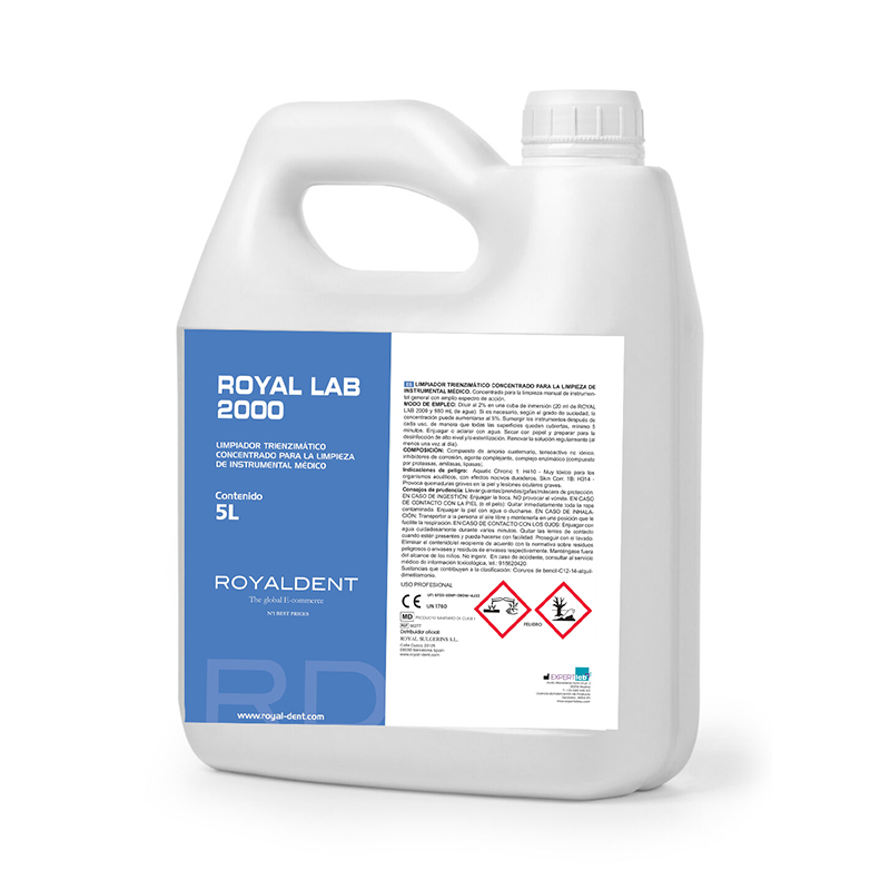 Royal Lab 2000 desinfectacte TRIENZIMÁTICO para instrumental 5 litros Royal Dent - Botella de 5 litros, concentrado= 250 litros