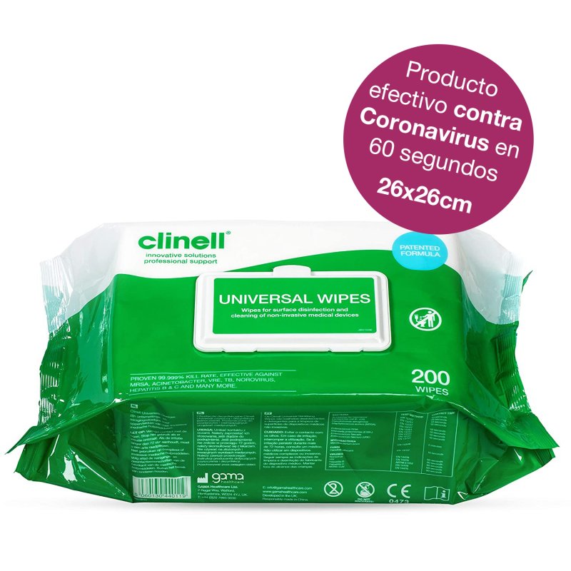 Toallitas Clinell tamaño 26 x 26 cm Vesismin - Bolsa de 200 unidades, Producto efectivo contra Coronavirus (CV) en 60 segundo