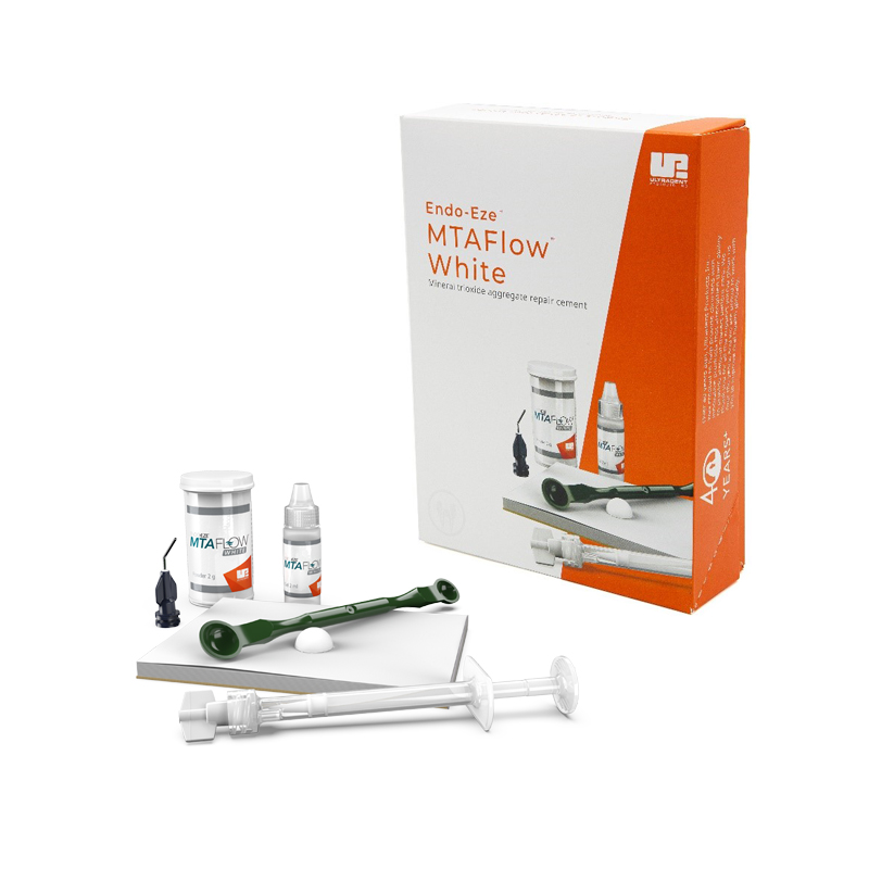 EndoEze MTAFlow White Repair Cement Kit 5980 Ultradent - Contiene: 2 grs. MTAFlow Polvo Blanco , 2ml. MTAFlow Liquido, 20 Micro Tips (20 ga), 10 Skini Syringes, 10 Luer Lock Caps, 1 cuchara, guía técnica e instrucciones de uso.