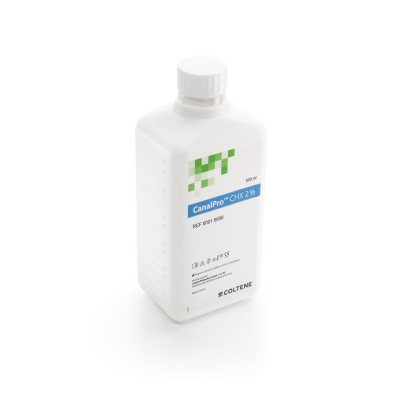 CanalPro clorhexidina 2% CHX 2% botella de 500 ml. Coltene - Solución preparada para tapón dispensador con válvula CanalPro SyringeFill.