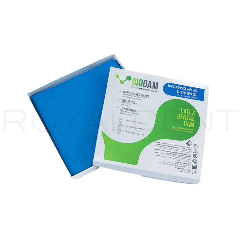 Dique de goma Grueso bajo en polvo color Azul  Biodam - 1 caja de 36 unidades  6x6
