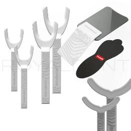 Kit Básico retractor labial con espejo de rodio Fotodental - 4 retractores laterales, 2 verticales, un espejo de rodio y un contrastador fotográfico.