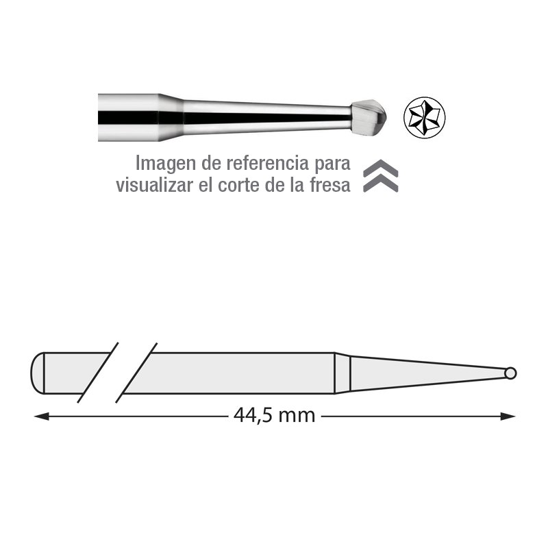 Fresas carburo E0123 Dentsply Sirona - Caja de 5 unidades. Longuitud activa 44,5 mm. Para pieza de mano